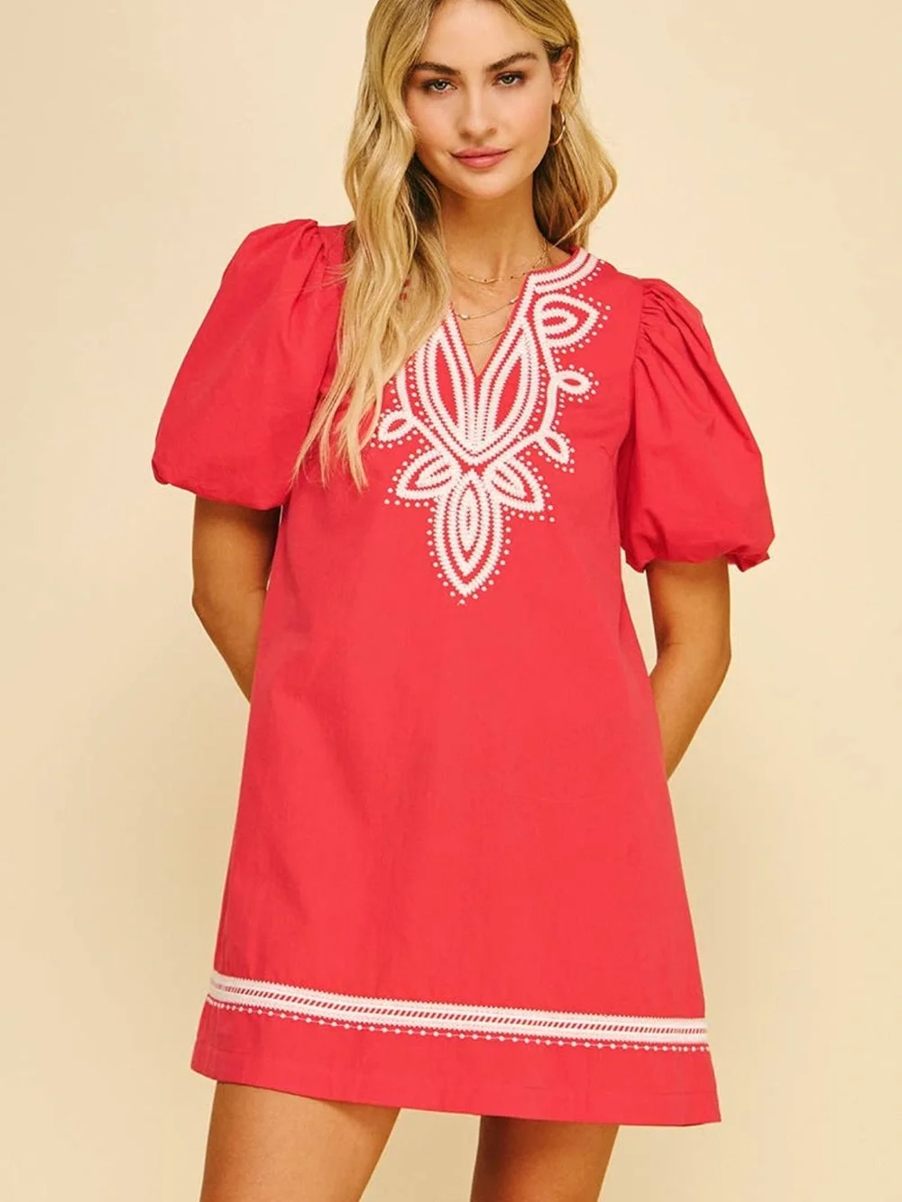 Red Embroidered Puff-Sleeve Dress